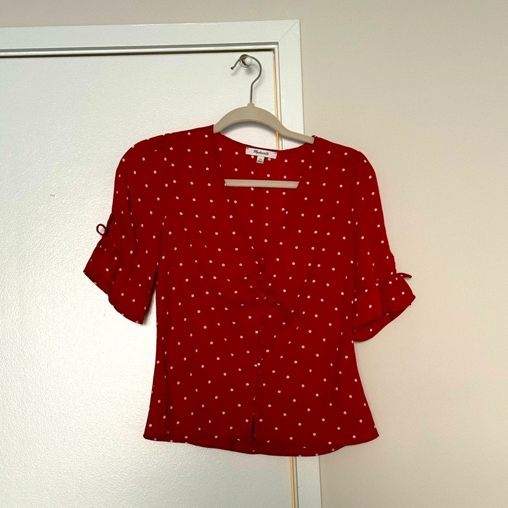 Madewell red with polka dot shirt with buttons and ruffle sleeves 00